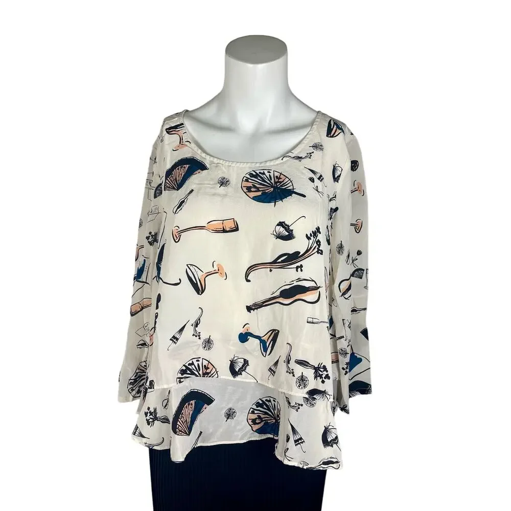 Maeve Anthropologie Women's Blouse Size 6 Cream Printed 100% Silk - Picture 5 of 5